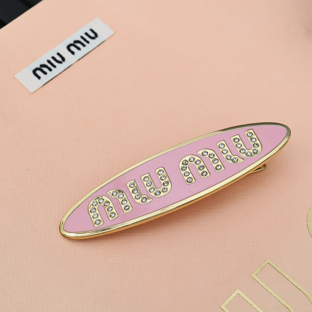 MIUMIU 26S CRYSTAL LOGO HAIR CLIP IN PINK ENAMEL AND GOLD TONE METAL 626894