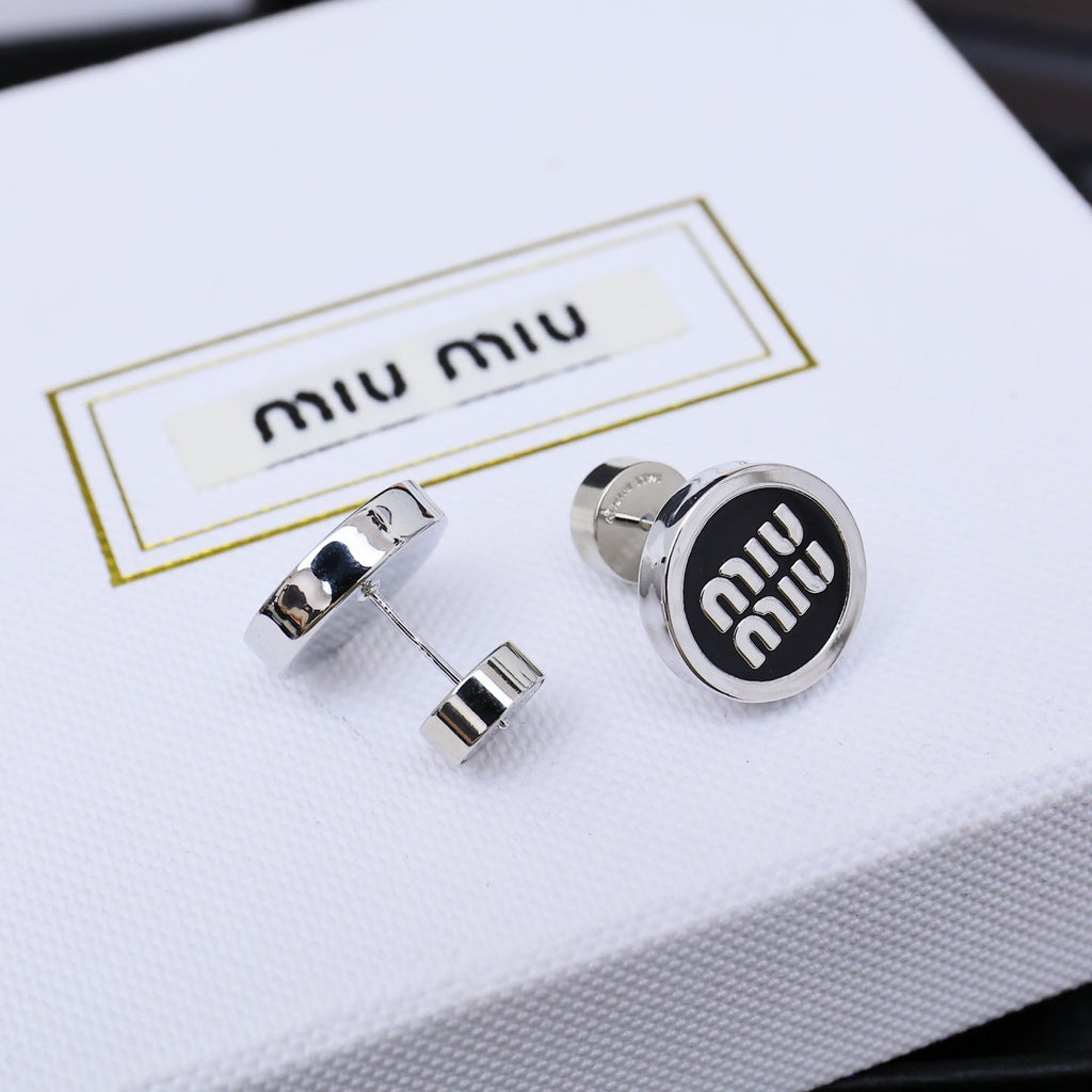 MIUMIU 26S ROUND LOGO STUD EARRINGS IN BLACK ENAMEL AND SILVER TONE METAL 625609