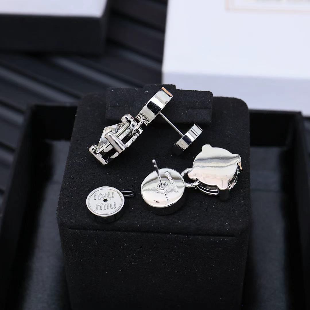 MIUMIU 26S CRYSTAL DROP LOGO STUD EARRINGS IN SILVER TONE METAL 626892