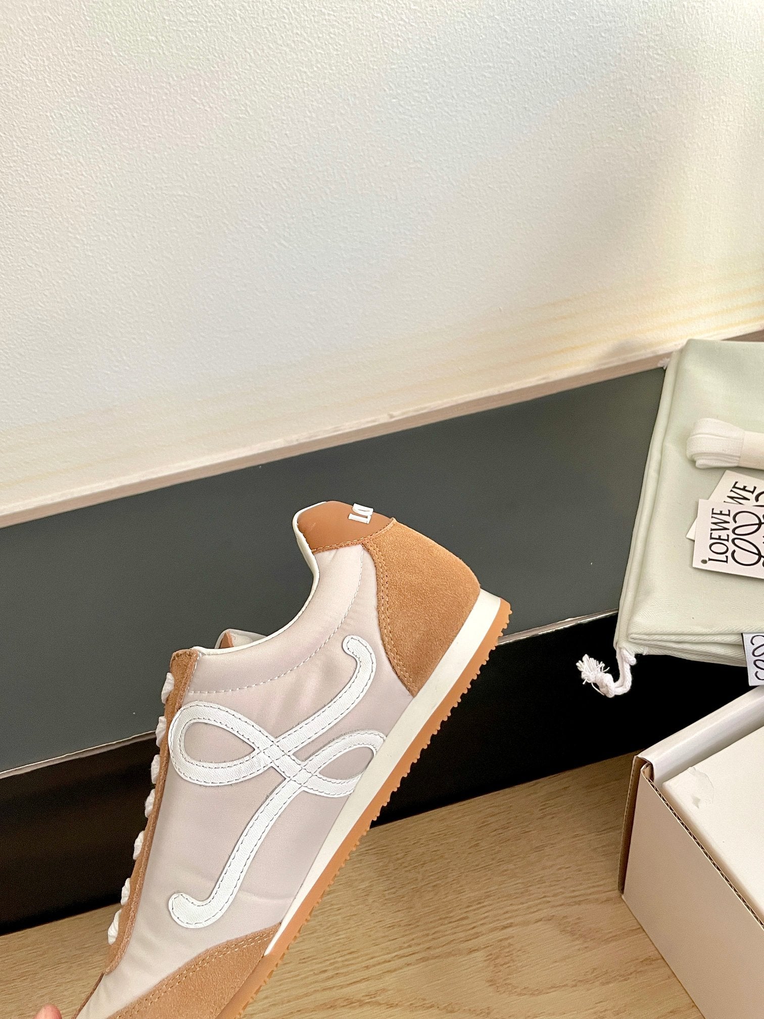 LOEWE 26S BALLET RUNNER 2.0 IN BROWN SUEDE AND BEIGE NYLON