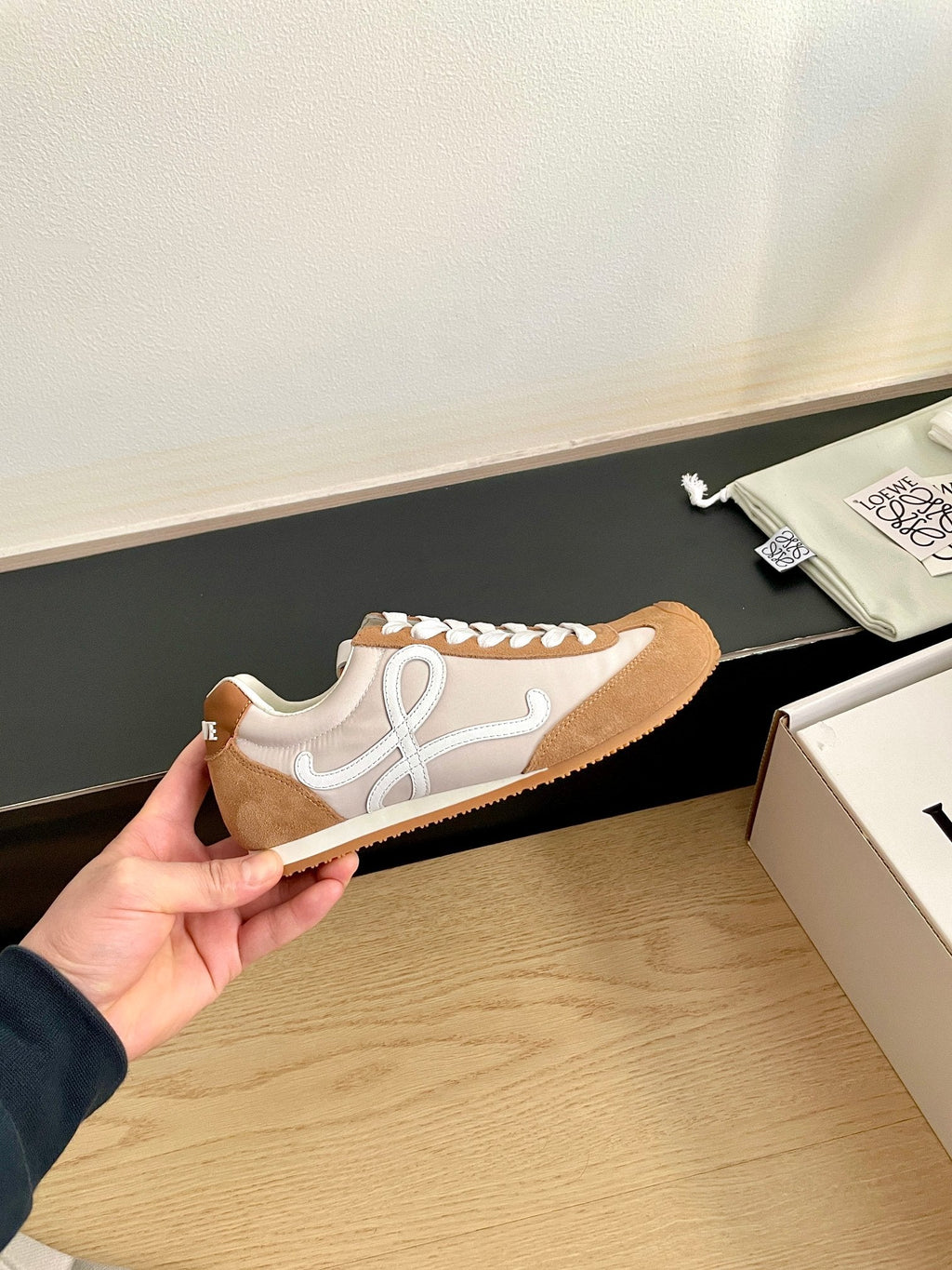 LOEWE 26S BALLET RUNNER 2.0 IN BROWN SUEDE AND BEIGE NYLON