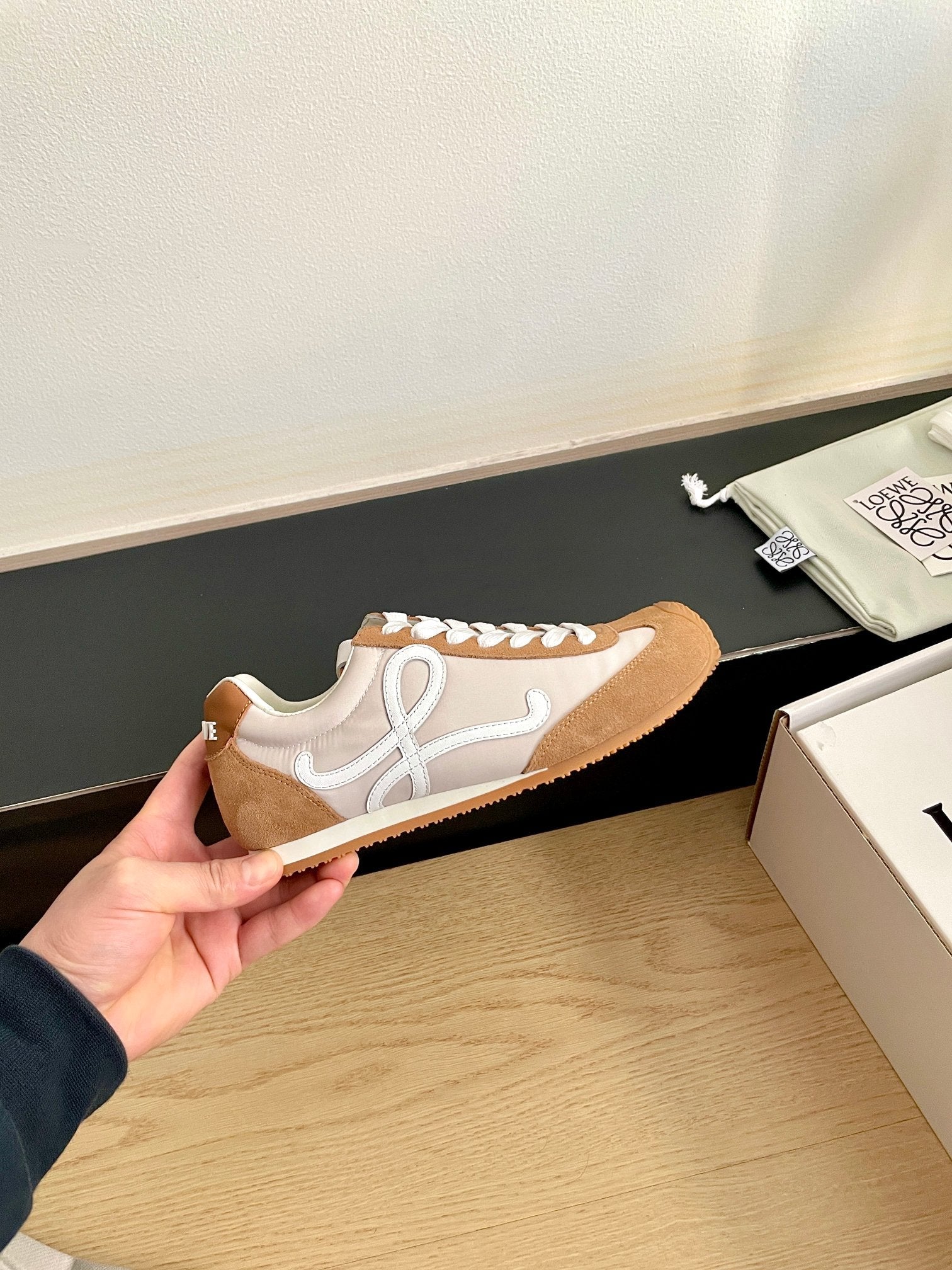 LOEWE 26S BALLET RUNNER 2.0 IN BROWN SUEDE AND BEIGE NYLON