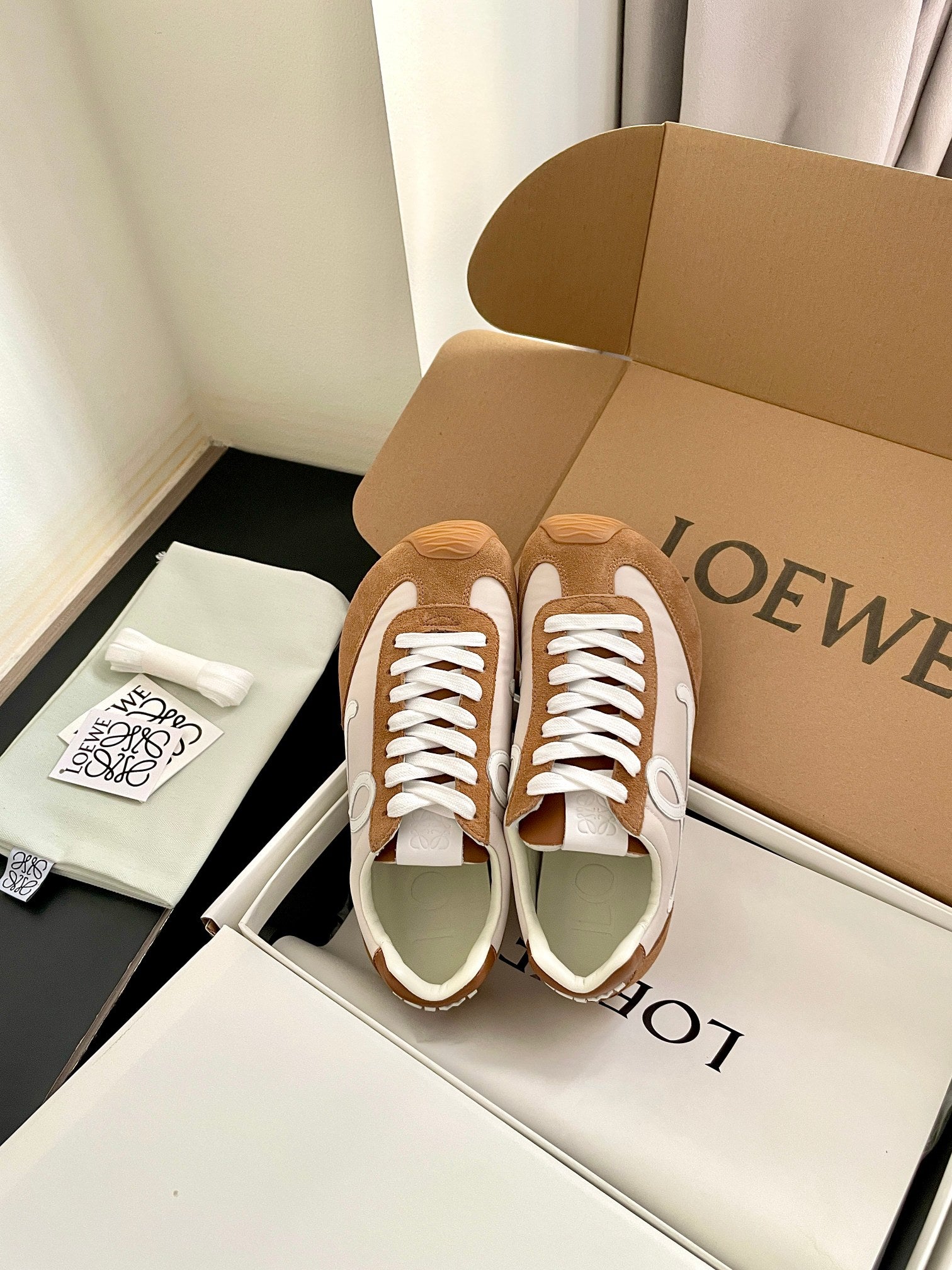 LOEWE 26S BALLET RUNNER 2.0 IN BROWN SUEDE AND BEIGE NYLON