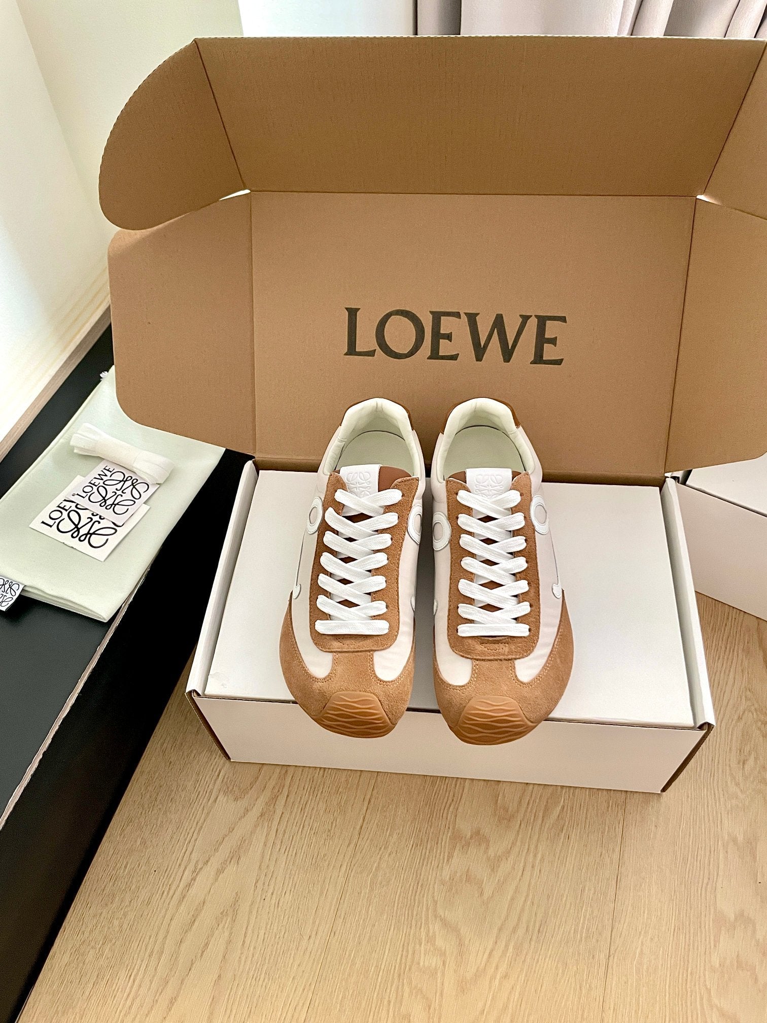 LOEWE 26S BALLET RUNNER 2.0 IN BROWN SUEDE AND BEIGE NYLON