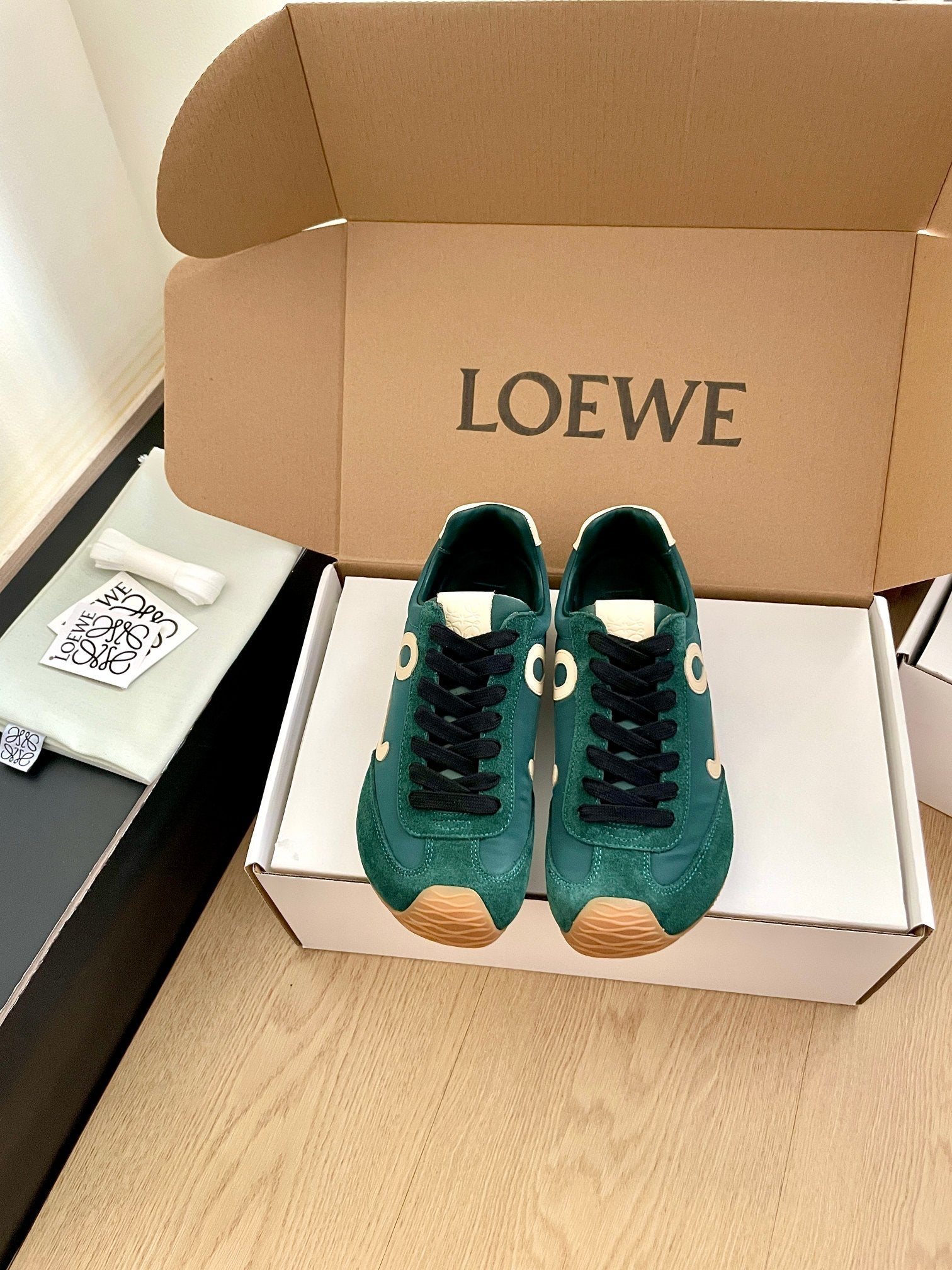 LOEWE 26S BALLET RUNNER 2.0 IN DARK GREEN SUEDE AND NYLON