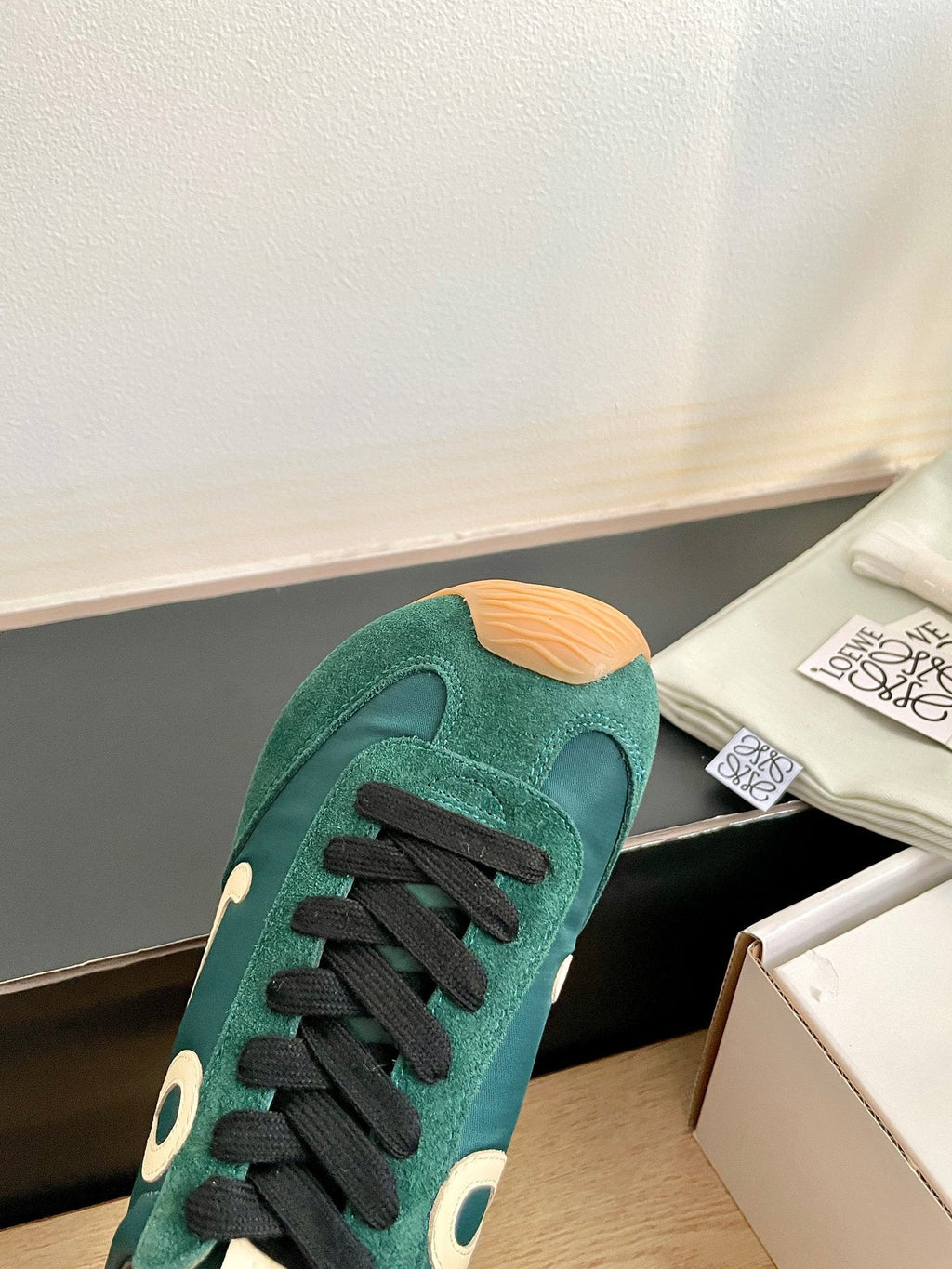 LOEWE 26S BALLET RUNNER 2.0 IN DARK GREEN SUEDE AND NYLON