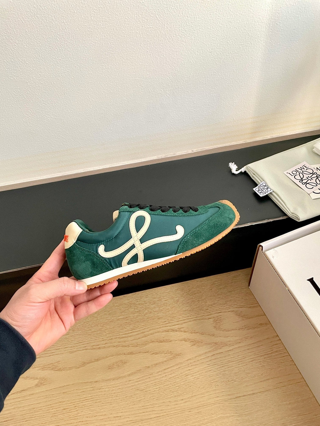 LOEWE 26S BALLET RUNNER 2.0 IN DARK GREEN SUEDE AND NYLON