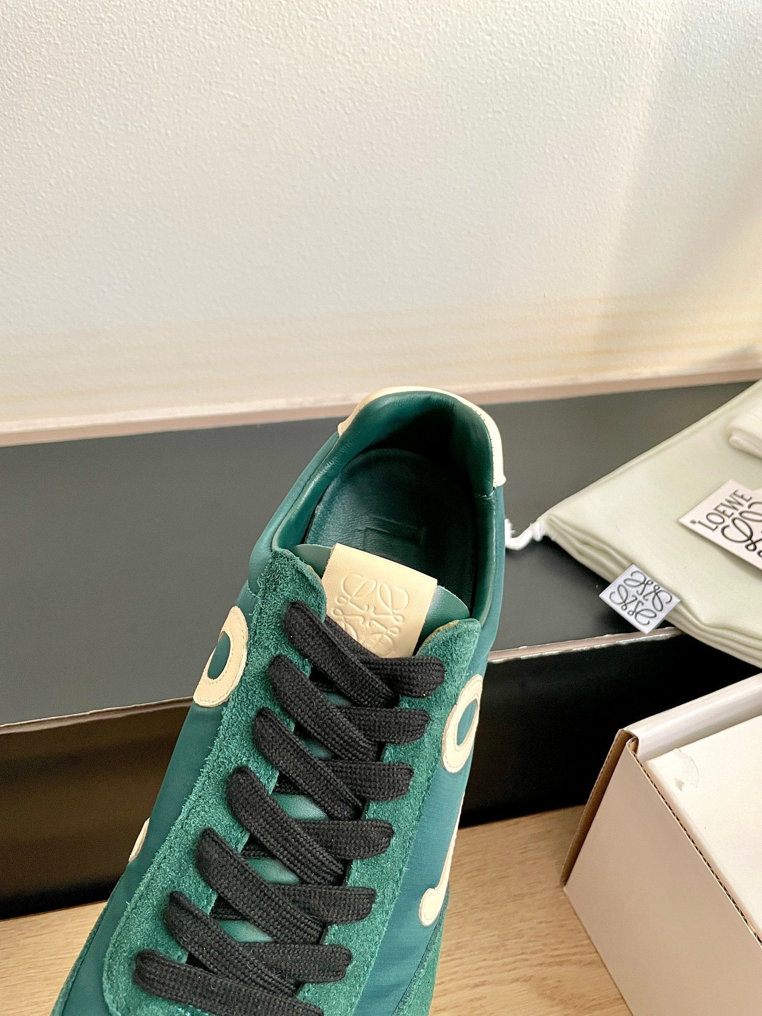 LOEWE 26S BALLET RUNNER 2.0 IN DARK GREEN SUEDE AND NYLON