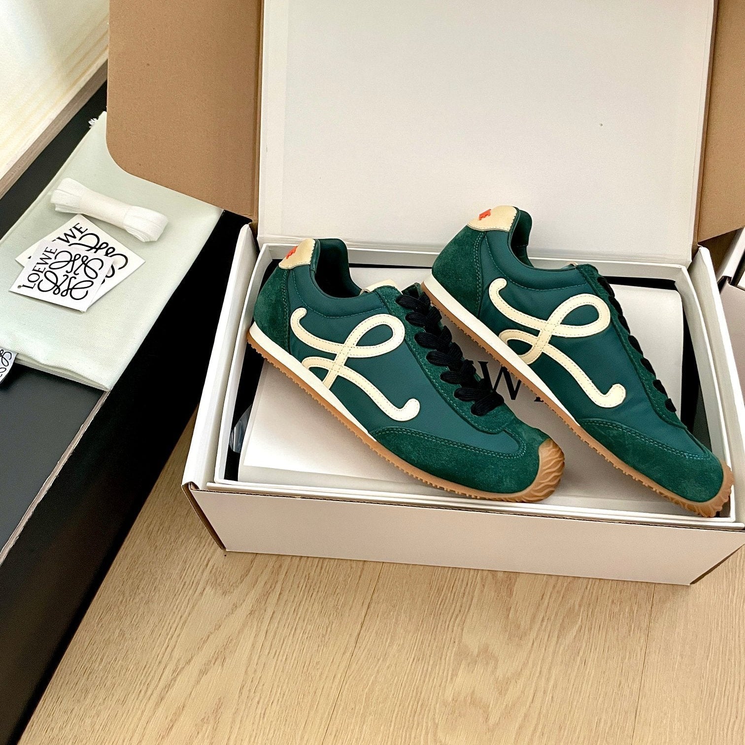LOEWE 26S BALLET RUNNER 2.0 IN DARK GREEN SUEDE AND NYLON