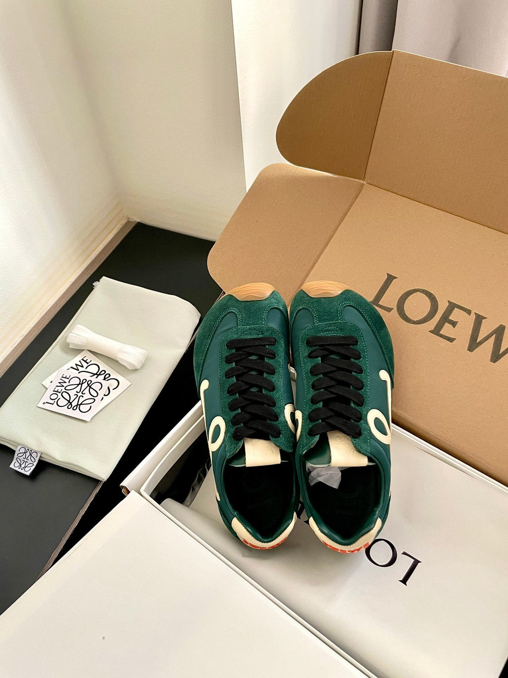 LOEWE 26S BALLET RUNNER 2.0 IN DARK GREEN SUEDE AND NYLON