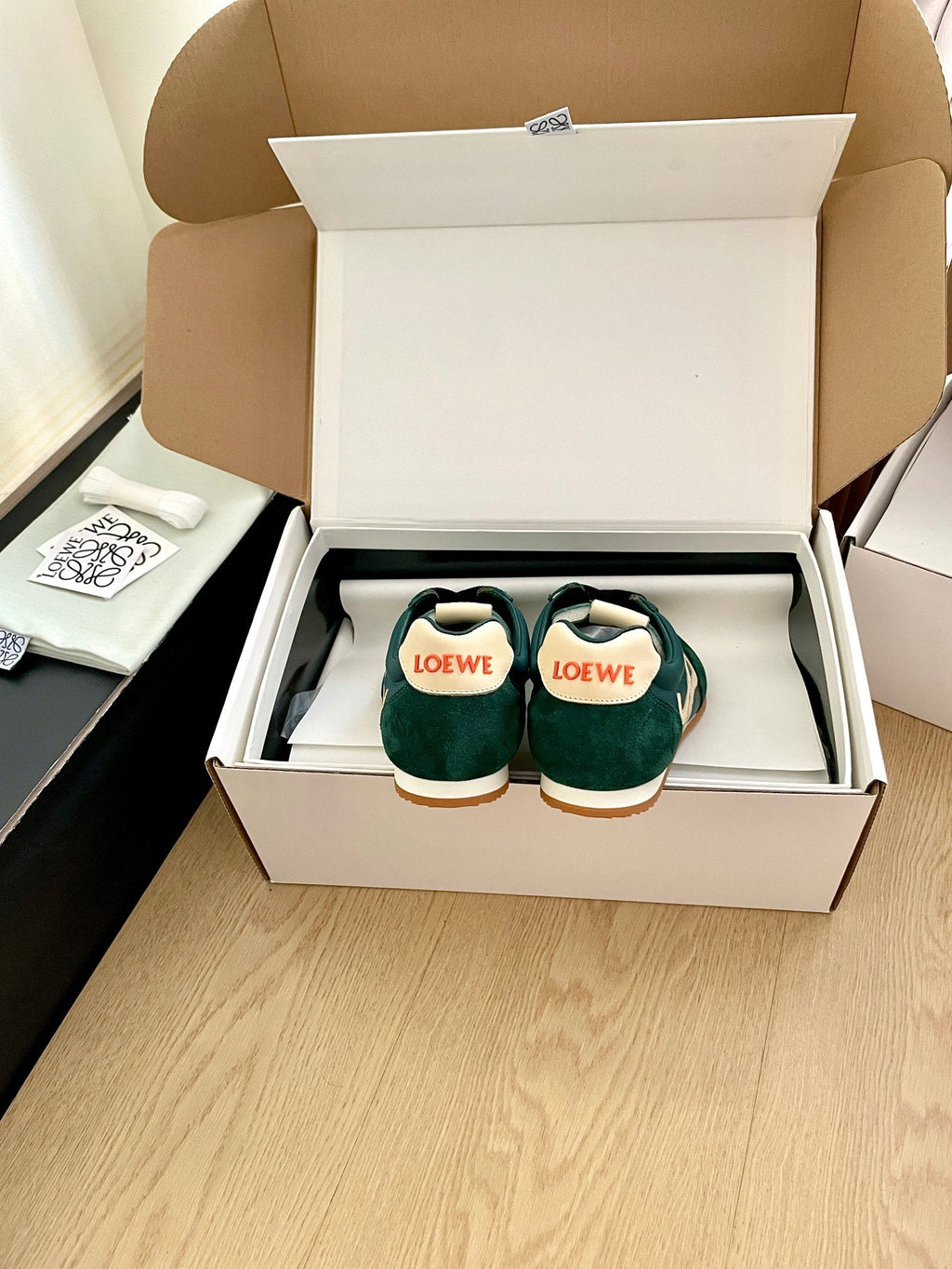 LOEWE 26S BALLET RUNNER 2.0 IN DARK GREEN SUEDE AND NYLON