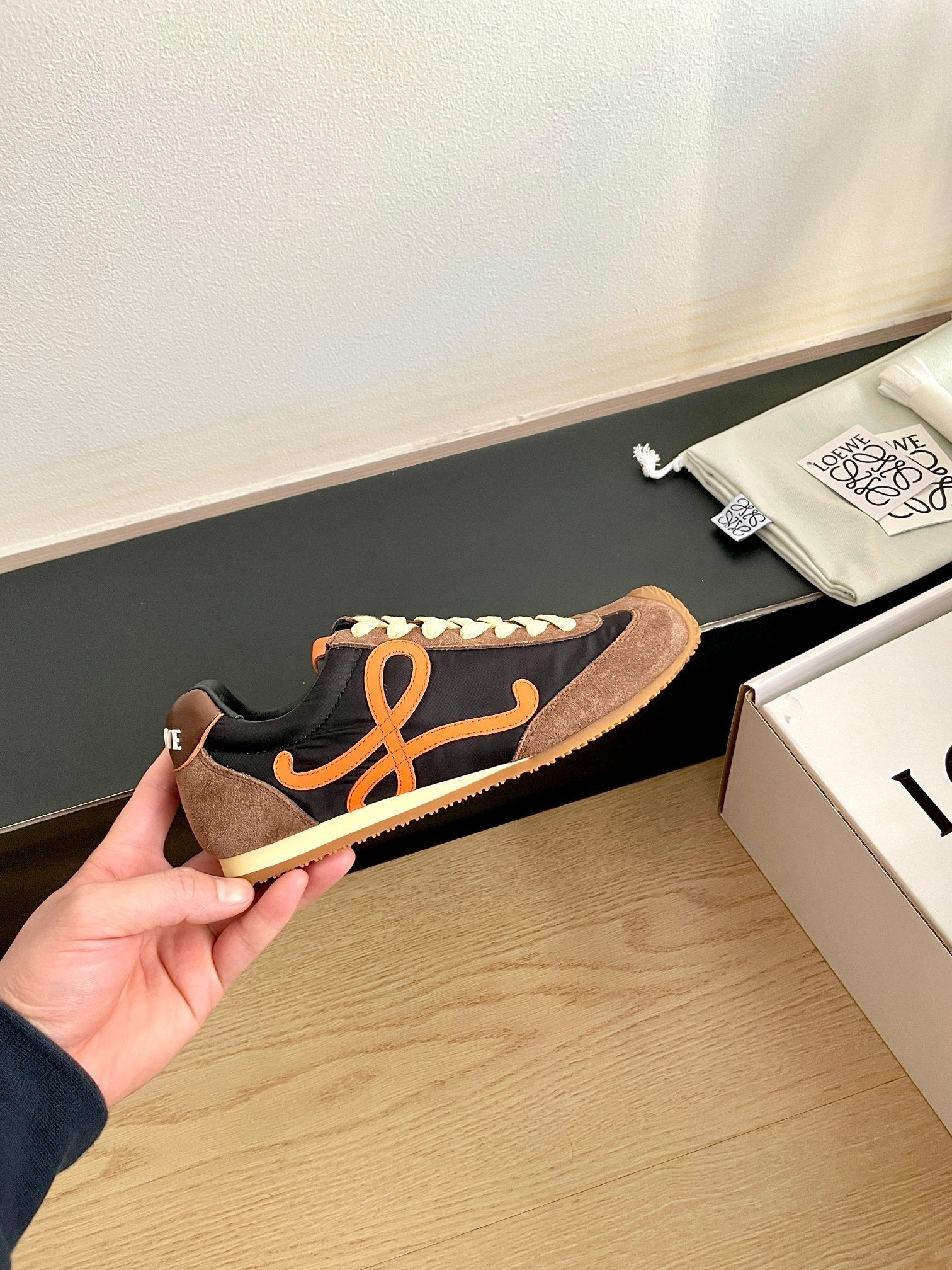 LOEWE 26S BALLET RUNNER 2.0 IN DARK BROWN SUEDE AND BLACK NYLON