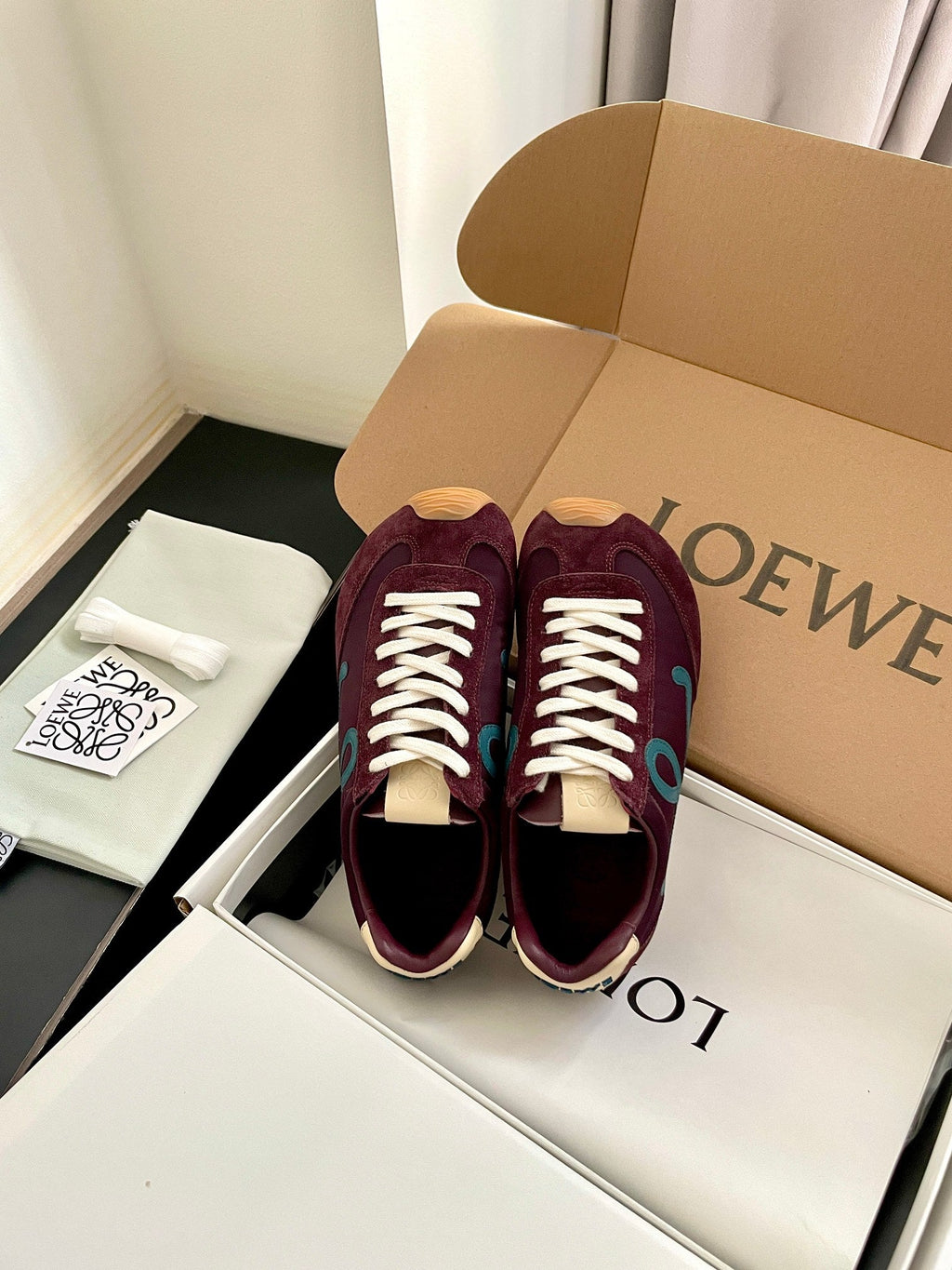 LOEWE 26S BALLET RUNNER 2.0 IN WINE RED SUEDE AND NYLON
