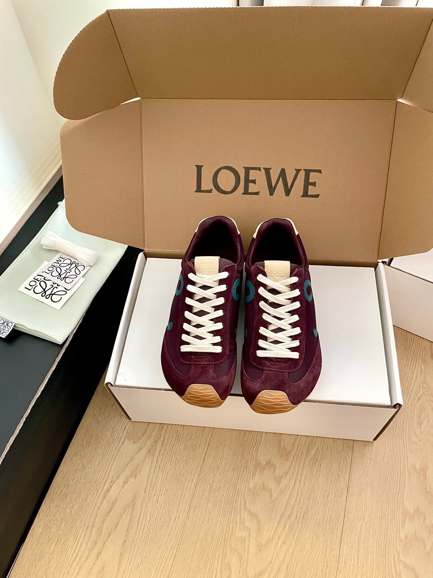 LOEWE 26S BALLET RUNNER 2.0 IN WINE RED SUEDE AND NYLON