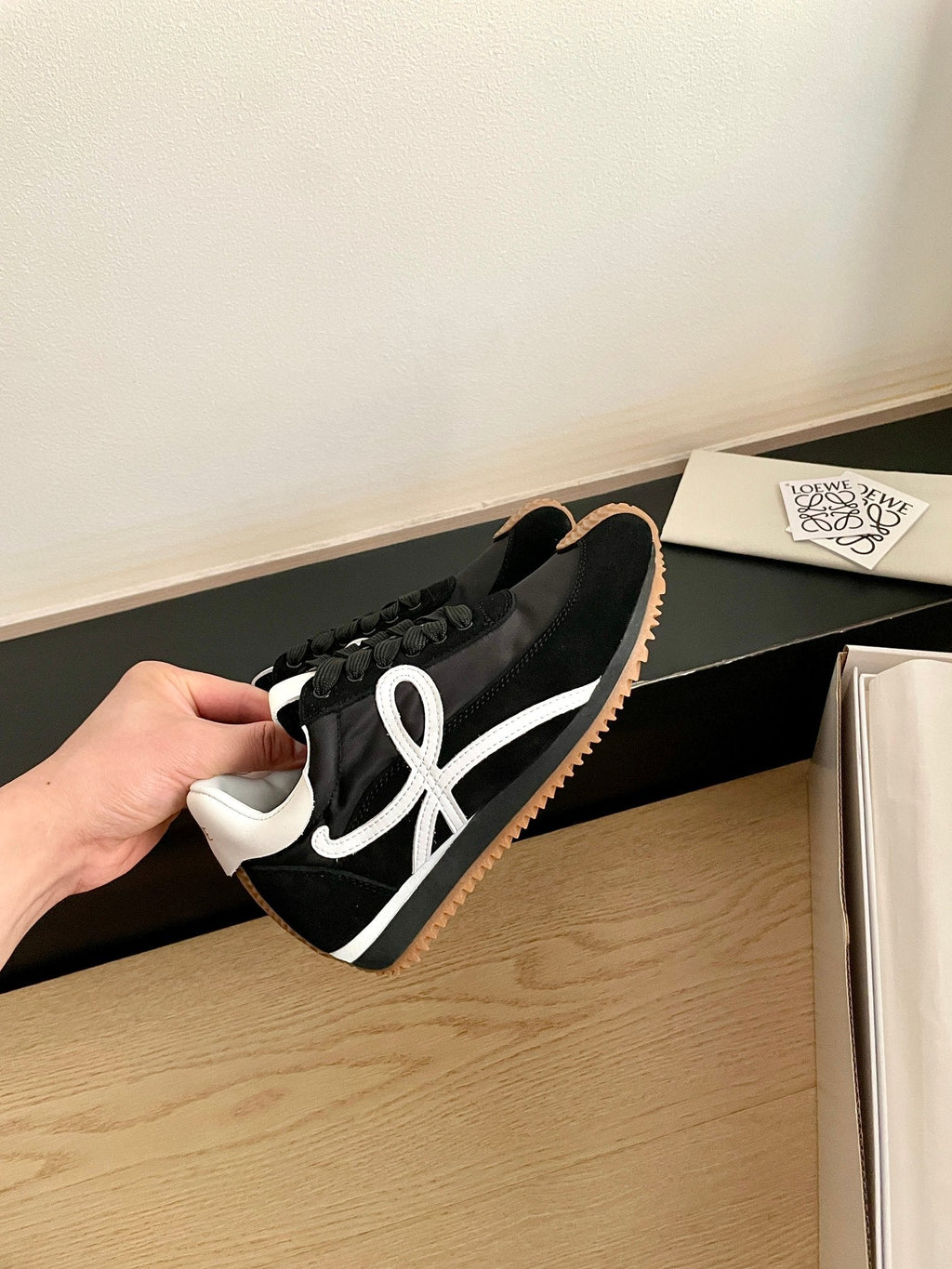 LOEWE 26S FLOW RUNNER SNEAKER IN BLACK SUEDE AND WHITE SHEEPSKIN