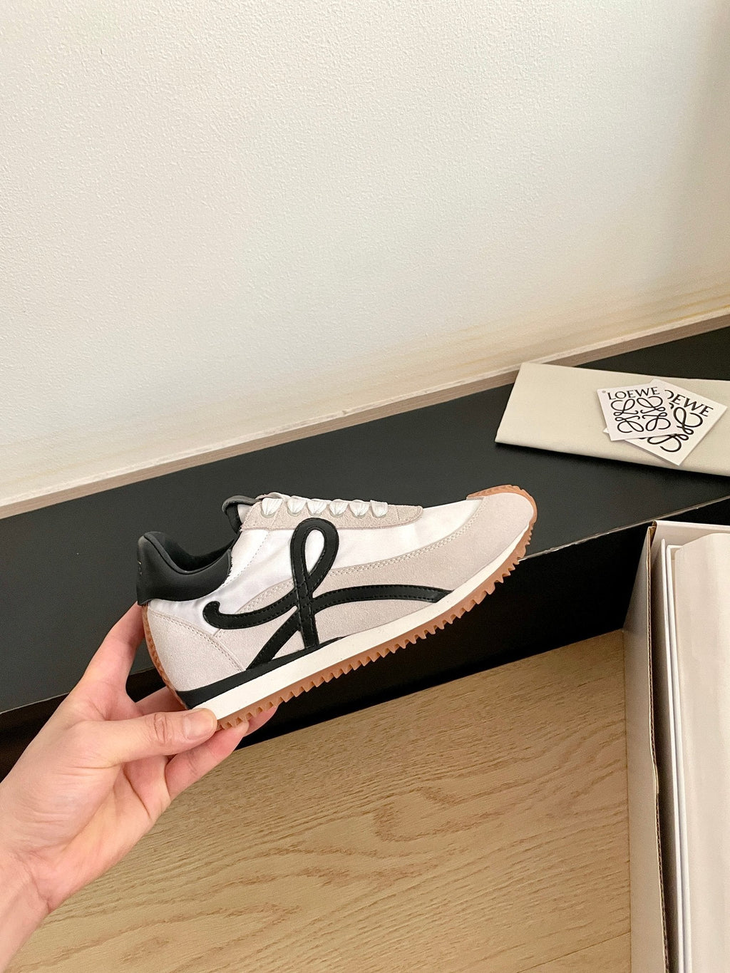 LOEWE 26S FLOW RUNNER SNEAKER IN LIGHT GRAY SUEDE AND BLACK SHEEPSKIN