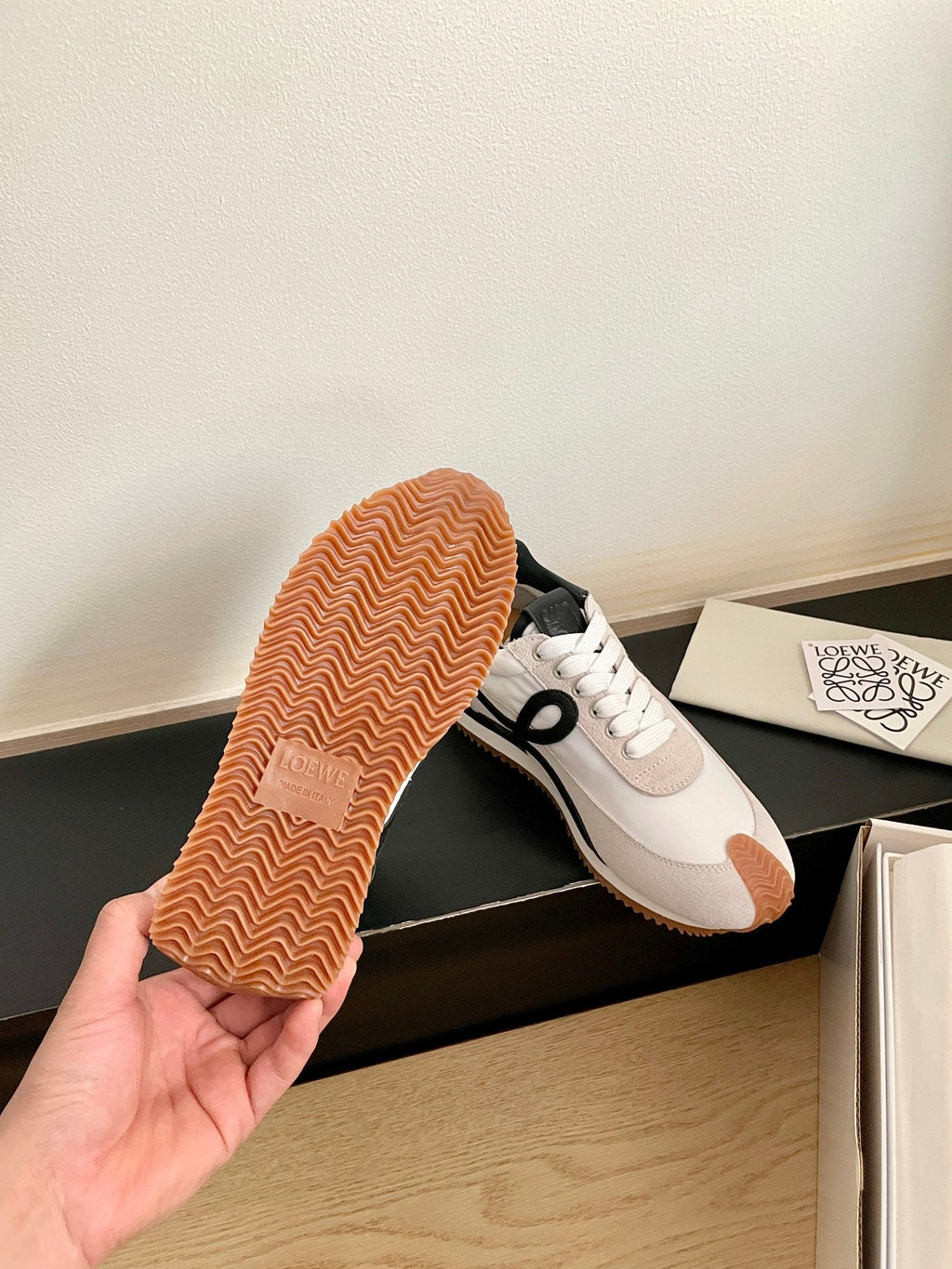 LOEWE 26S FLOW RUNNER SNEAKER IN LIGHT GRAY SUEDE AND BLACK SHEEPSKIN