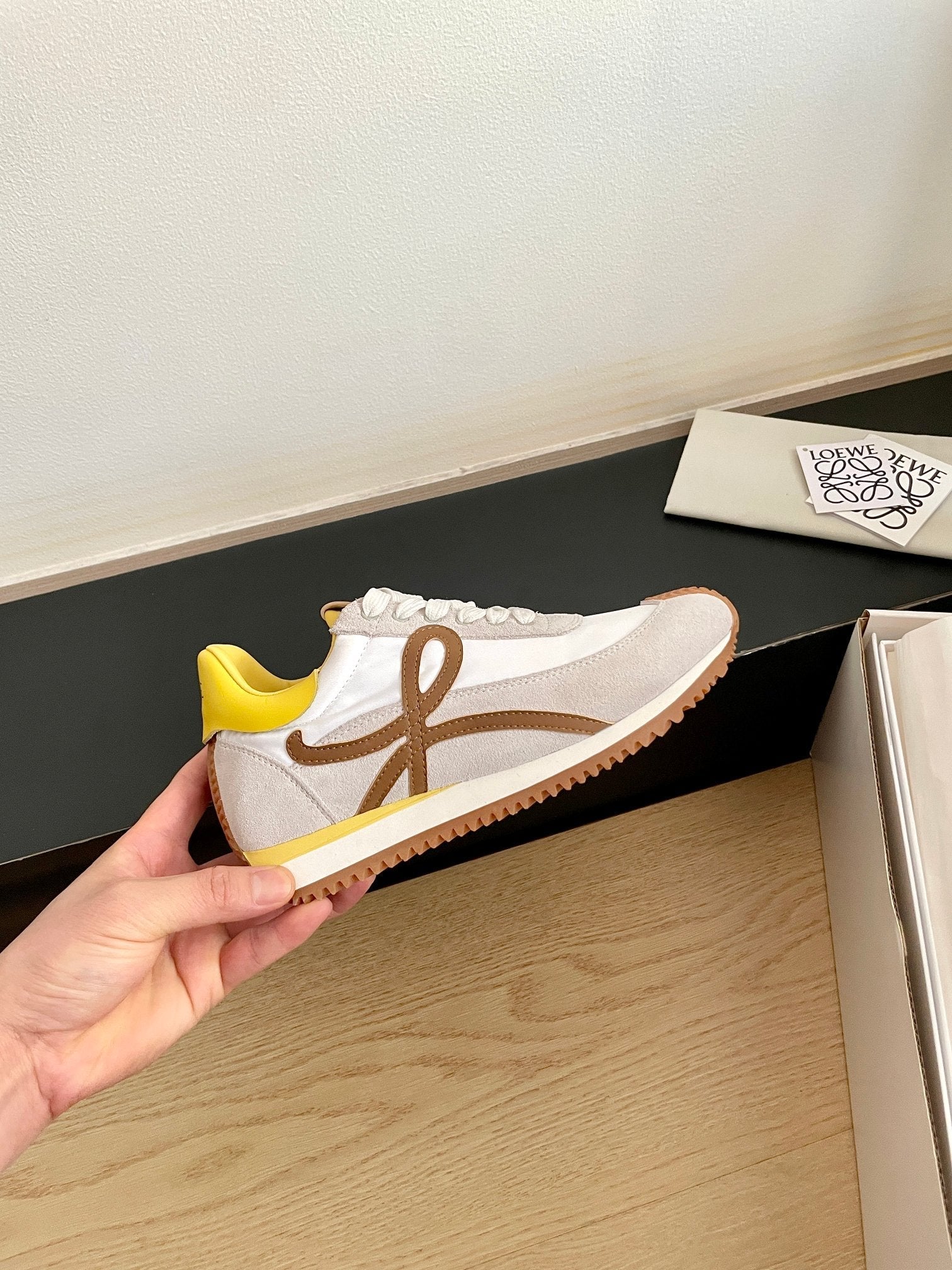 LOEWE 26S FLOW RUNNER SNEAKER IN LIGHT GRAY SUEDE AND YELLOW SHEEPSKIN