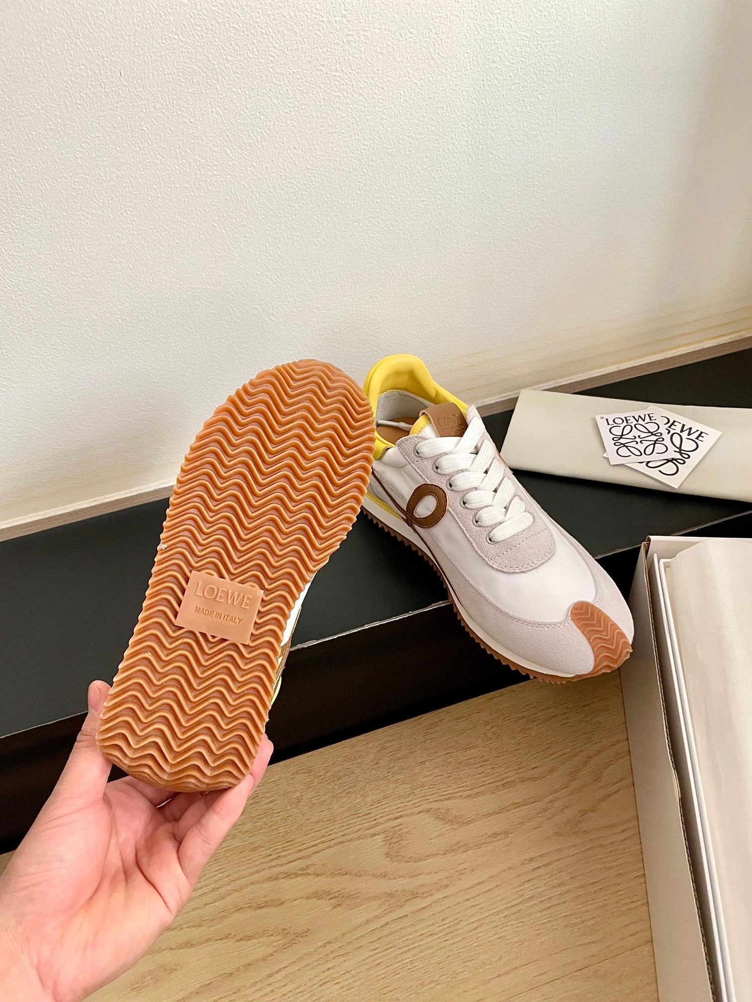 LOEWE 26S FLOW RUNNER SNEAKER IN LIGHT GRAY SUEDE AND YELLOW SHEEPSKIN