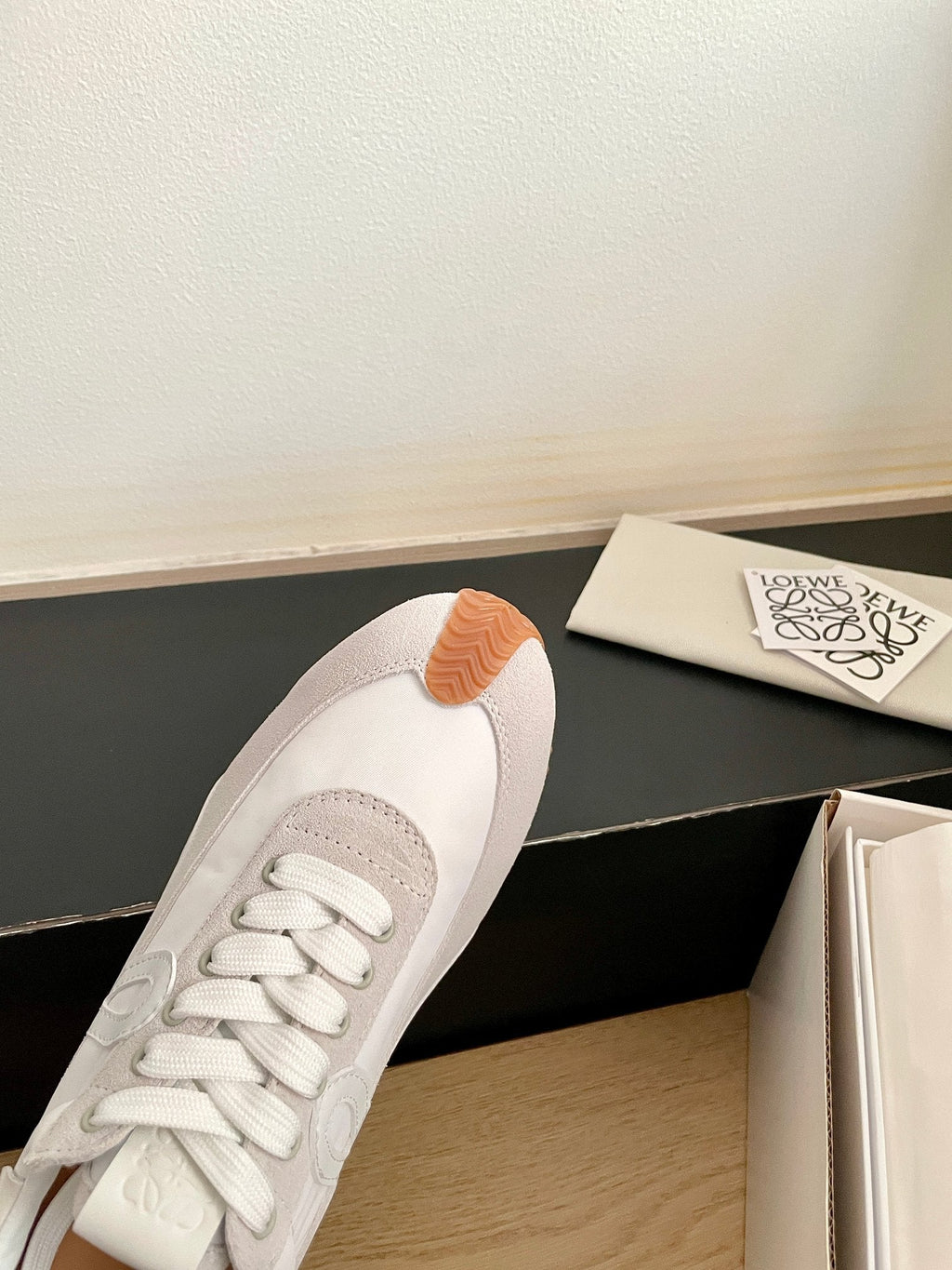 LOEWE 26S FLOW RUNNER SNEAKER IN LIGHT GRAY SUEDE AND YELLOW SHEEPSKIN
