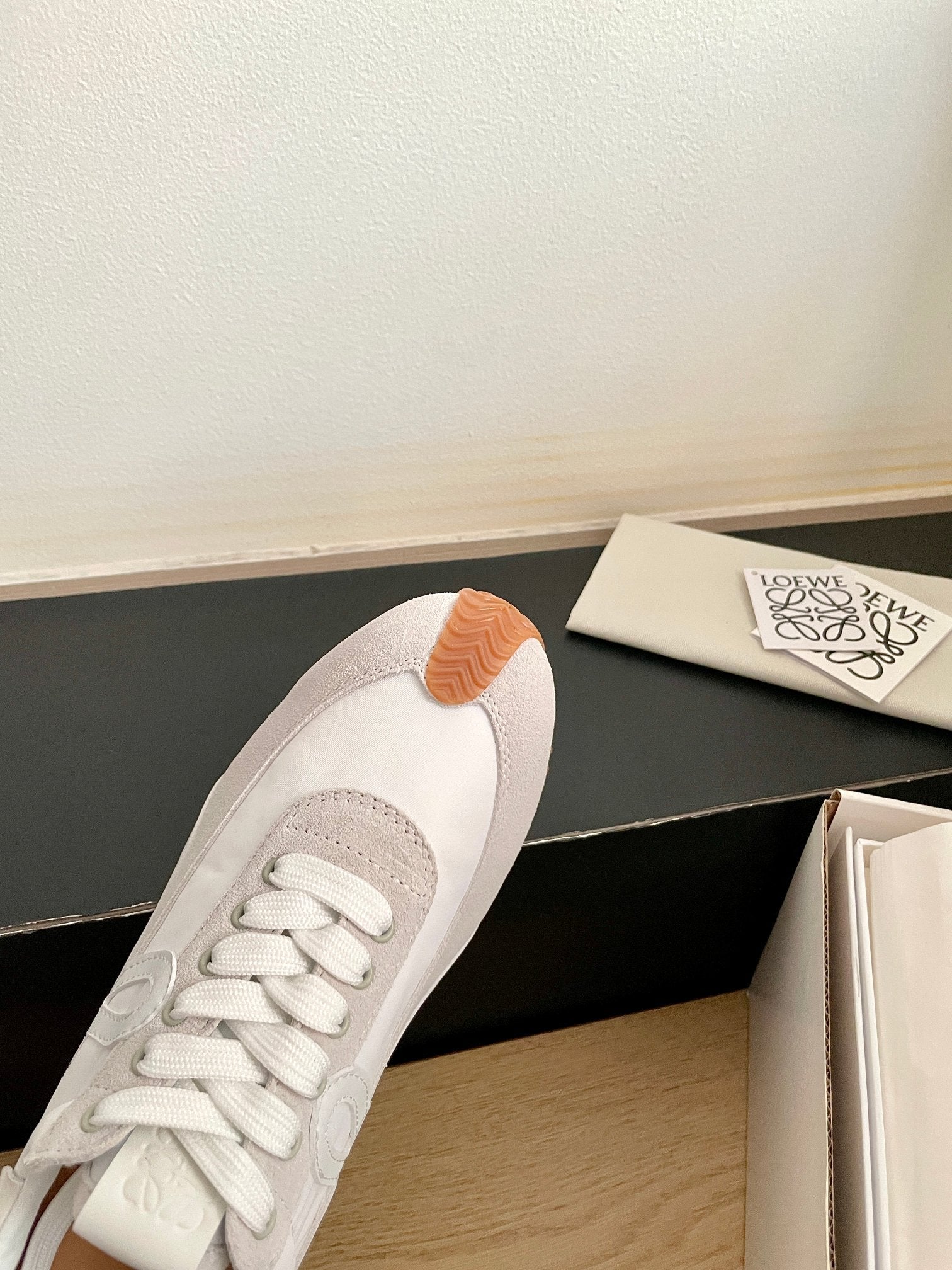 LOEWE 26S FLOW RUNNER SNEAKER IN LIGHT GRAY SUEDE AND YELLOW SHEEPSKIN