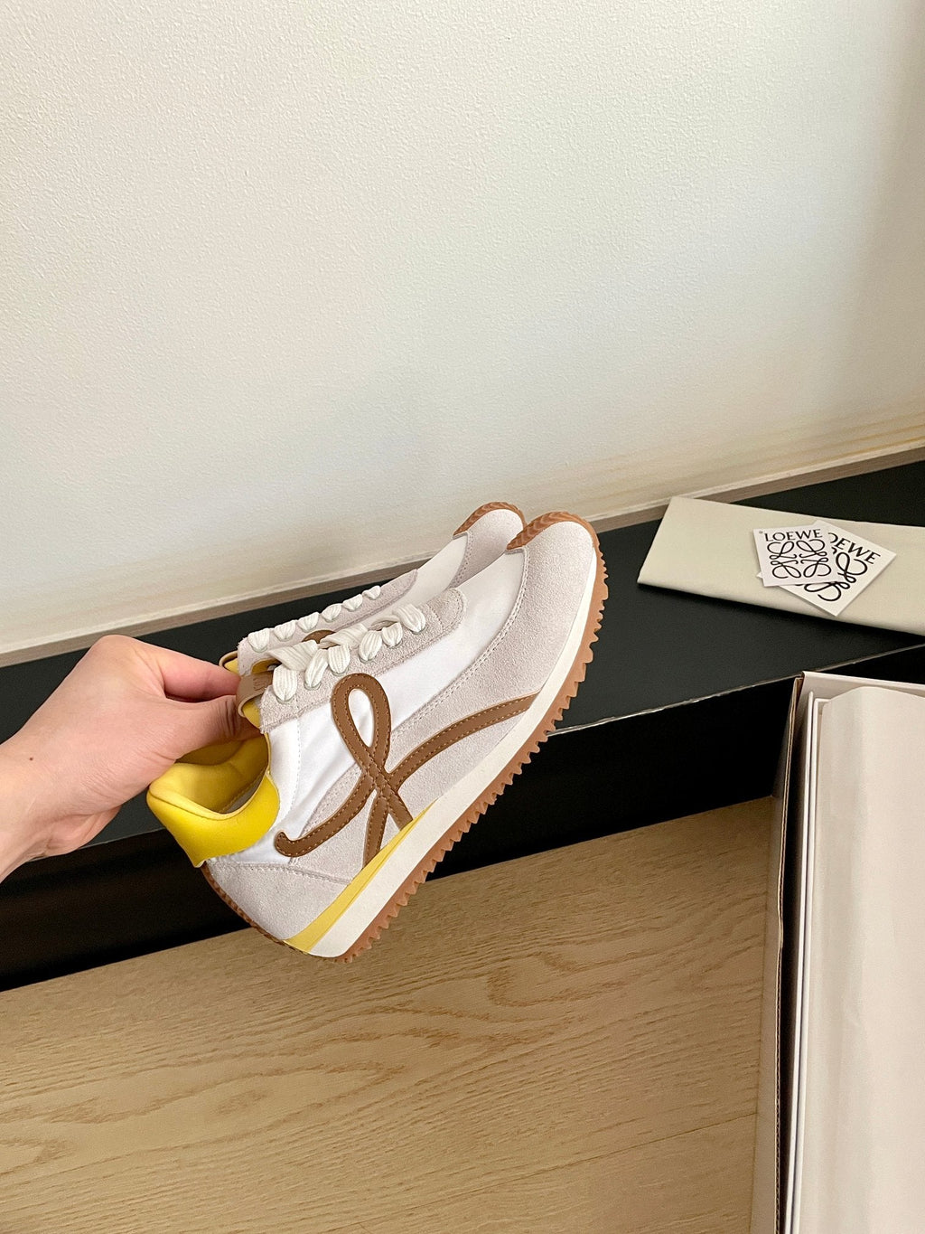 LOEWE 26S FLOW RUNNER SNEAKER IN LIGHT GRAY SUEDE AND YELLOW SHEEPSKIN