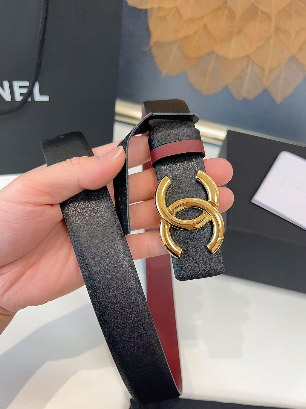 CC 26S BELT 30 MM IN BLACK CALFSKIN GOLD TONE METAL 658697