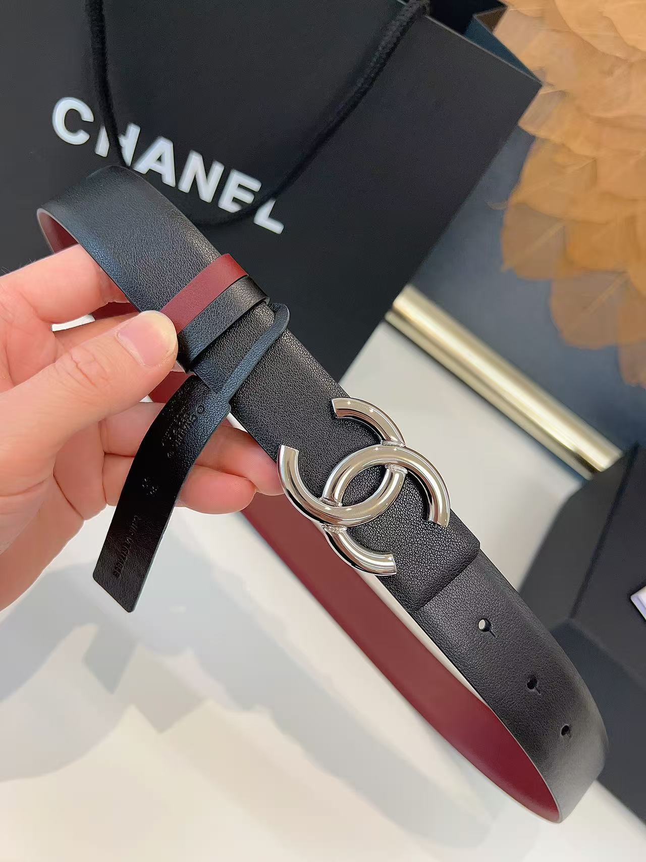 CC 26S BELT 30 MM IN BLACK CALFSKIN RUTHENIUM-TONE METAL 658698