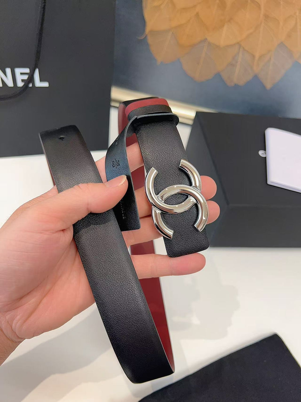 CC 26S BELT 30 MM IN BLACK CALFSKIN RUTHENIUM-TONE METAL 658698