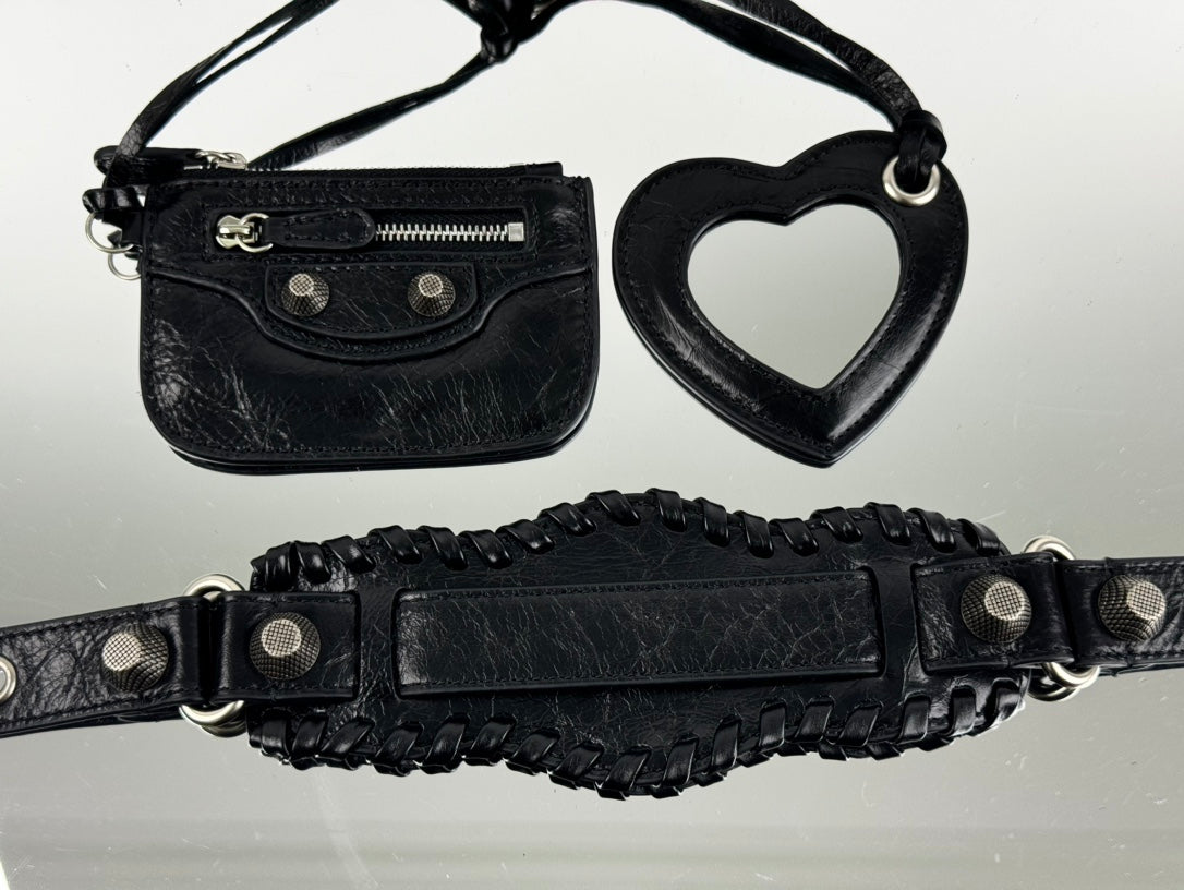 LE CAGOLE LARGE SHOULDER BAG 33 WITH RHINESTONES IN BLACK ARENA LAMBSKIN SILVER HARDWARE