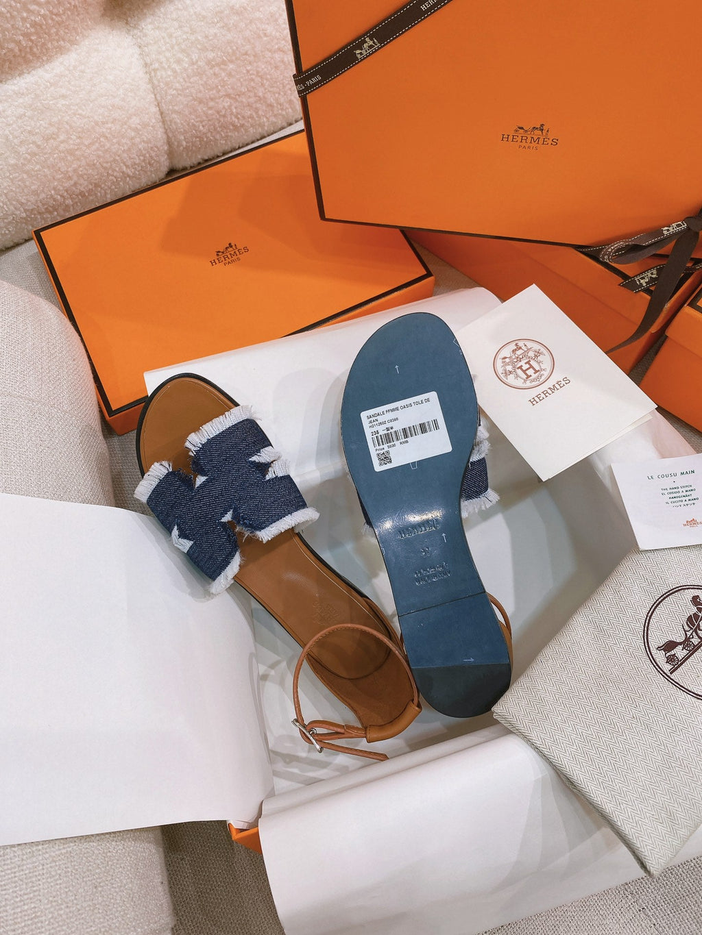 HM 26S SANTORINI SANDAL IN NAVY BLUE CALFSKIN AND FABRIC