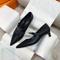 HM 26S MARY JANE POINTED TOE HEELS 40MM IN BLACK CALFSKIN KELLY BUCKLE