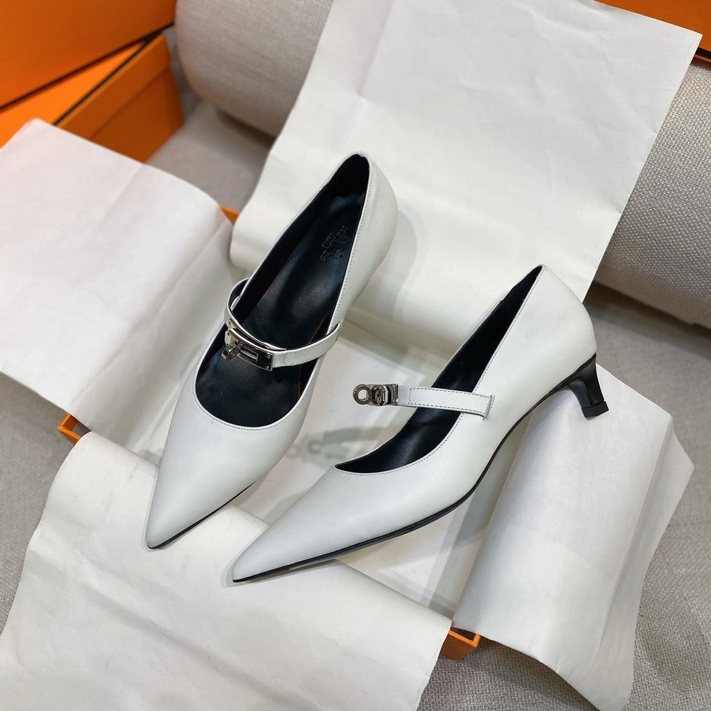 HM 26S MARY JANE POINTED TOE HEELS 40MM IN CREAM WHITE CALFSKIN KELLY BUCKLE