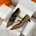 HM 26S MARY JANE POINTED TOE HEELS 40MM IN BROWN CALFSKIN KELLY BUCKLE