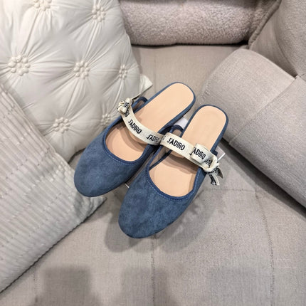 DIOR 26S FLAT MULES IN BLUE SUEDE WITH J'ADIOR BOW