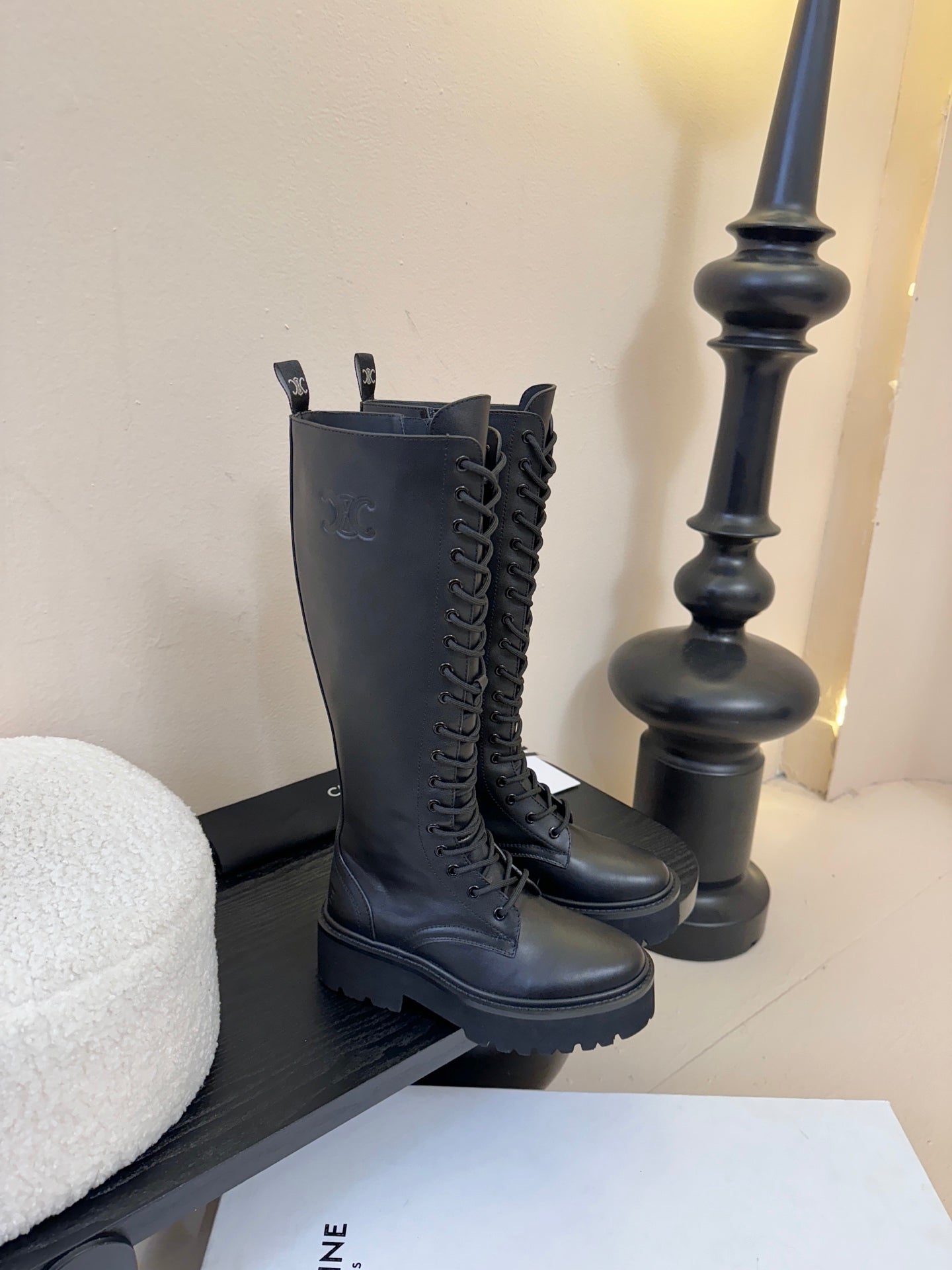 CELINE 26S LACE-UP HIGH-TOP BOOTS 45 MM IN BLACK CALFSKIN