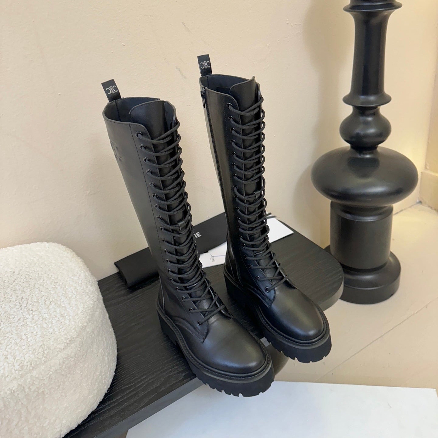 CELINE 26S LACE-UP HIGH-TOP BOOTS 45 MM IN BLACK CALFSKIN