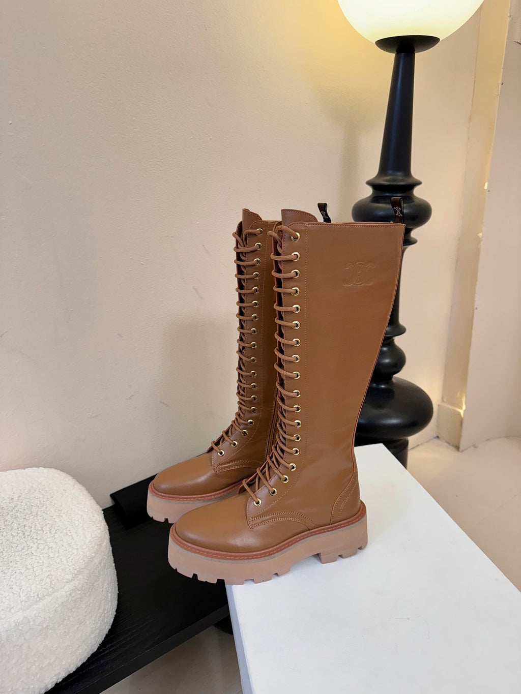 CELINE 26S LACE-UP HIGH-TOP BOOTS 45 MM IN BROWN CALFSKIN