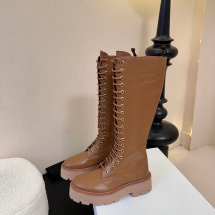 CELINE 26S LACE-UP HIGH-TOP BOOTS 45 MM IN BROWN CALFSKIN