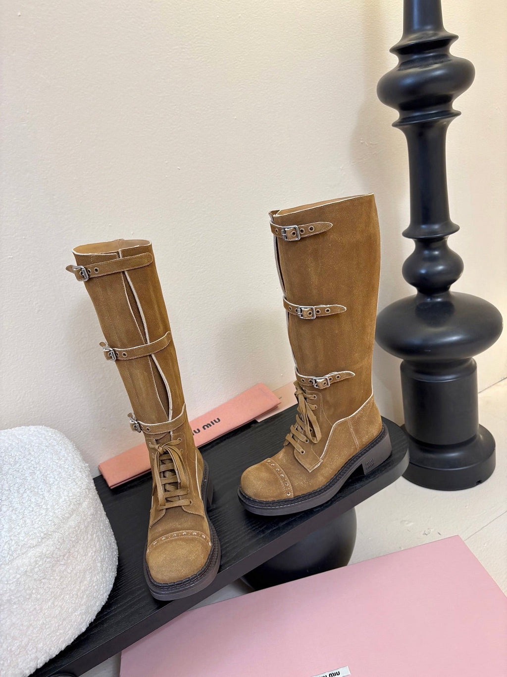 MIUMIU 25S ARMY BOOTS IN BROWN SUEDE