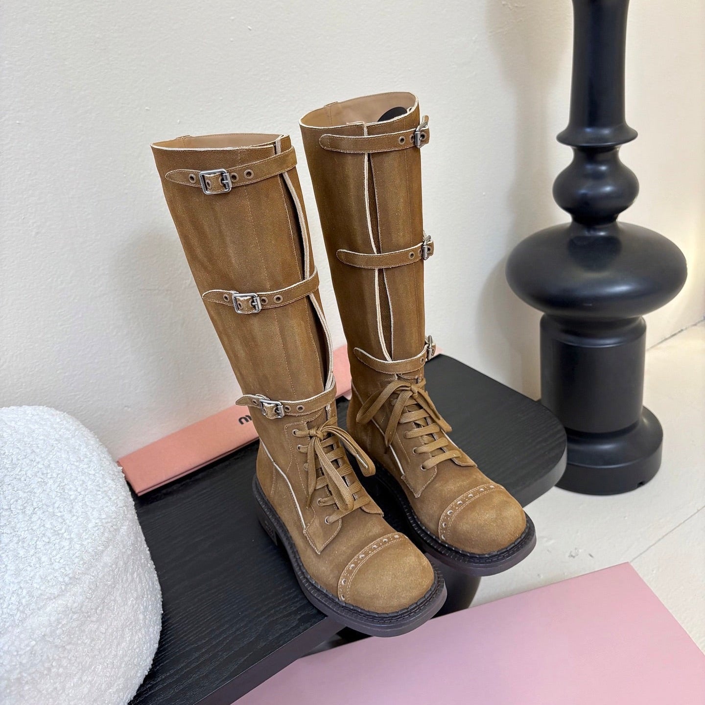 MIUMIU 25S ARMY BOOTS IN BROWN SUEDE