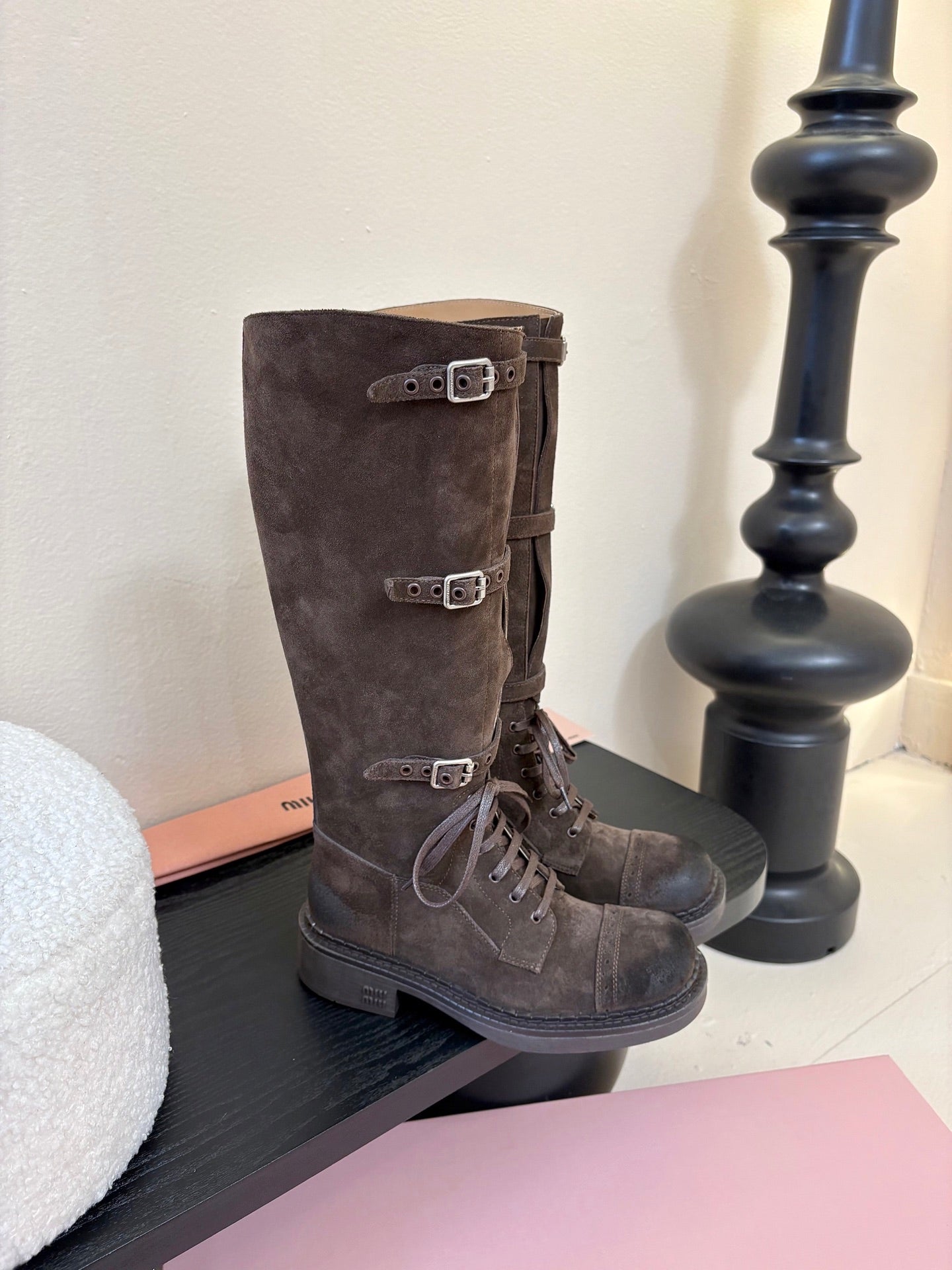 MIUMIU 25S ARMY BOOTS IN DARK BROWN SUEDE
