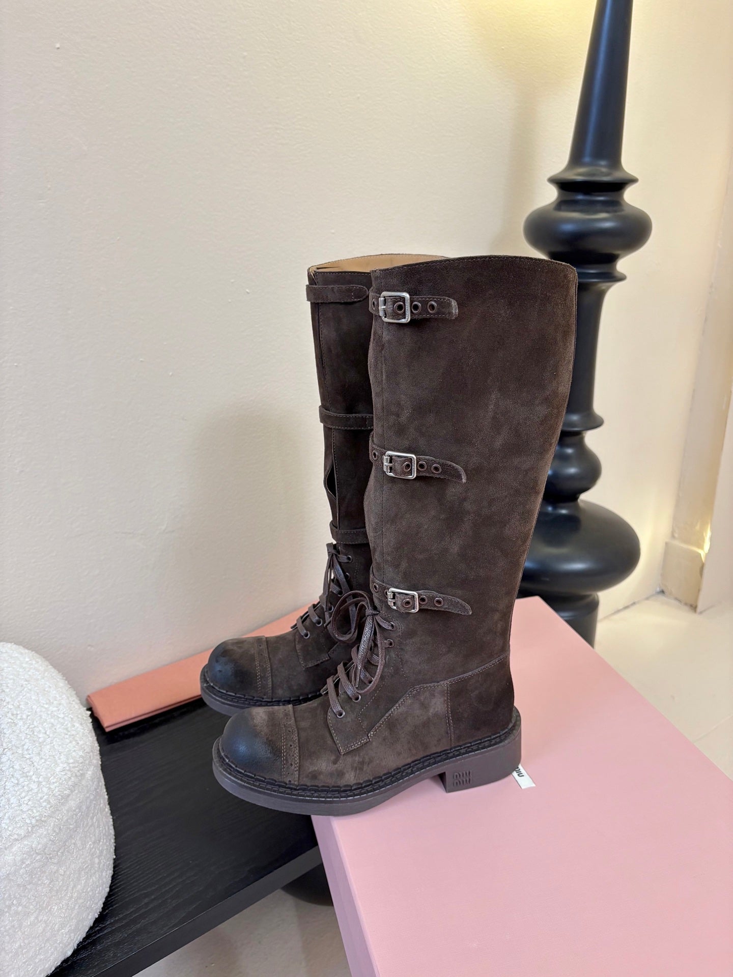 MIUMIU 25S ARMY BOOTS IN DARK BROWN SUEDE