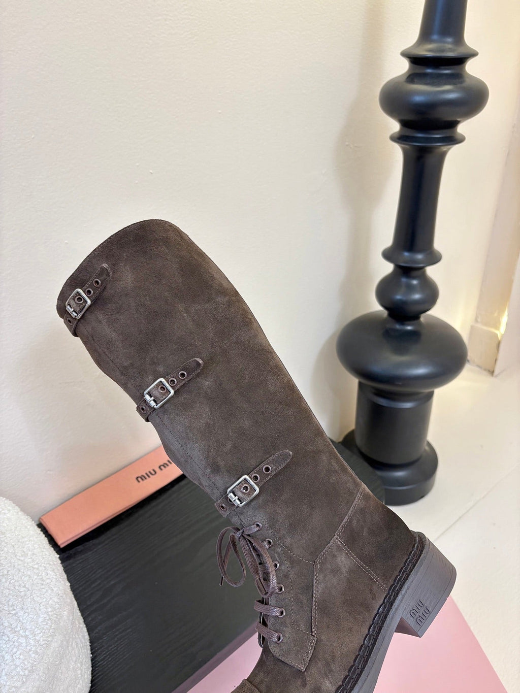 MIUMIU 25S ARMY BOOTS IN DARK BROWN SUEDE