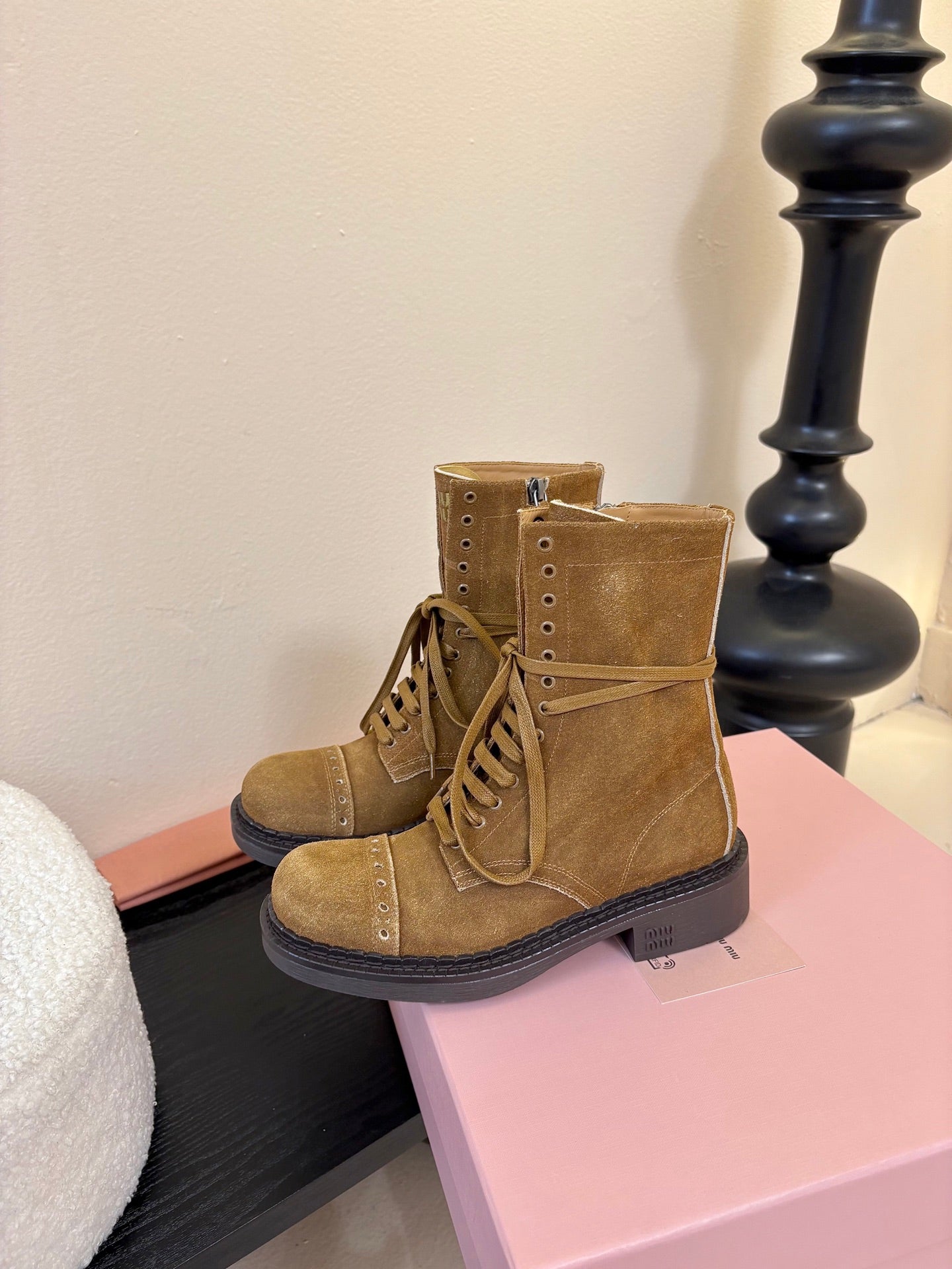 MIUMIU 25S LACED BOOTIES IN CINNAMON BROWN SUEDE