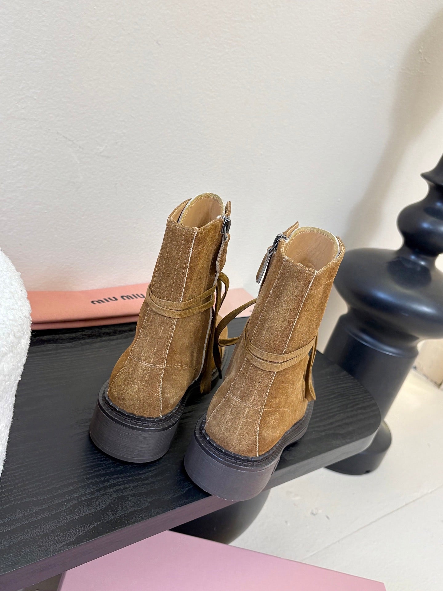 MIUMIU 25S LACED BOOTIES IN CINNAMON BROWN SUEDE