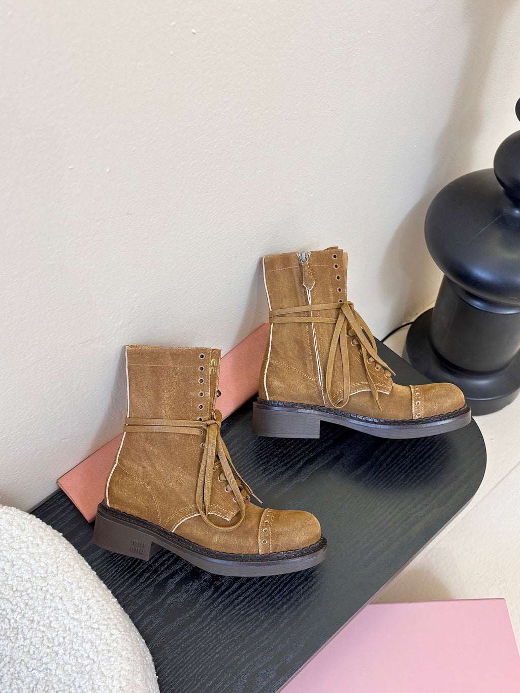 MIUMIU 25S LACED BOOTIES IN CINNAMON BROWN SUEDE