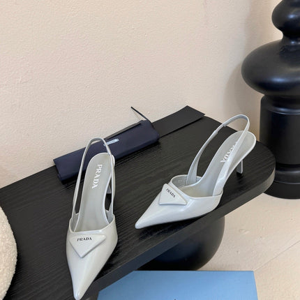 PRADA 26S POINTED TOE SLINGBACK HEELS 60MM IN LIGHT GRAY CALFSKIN WITH LOGO