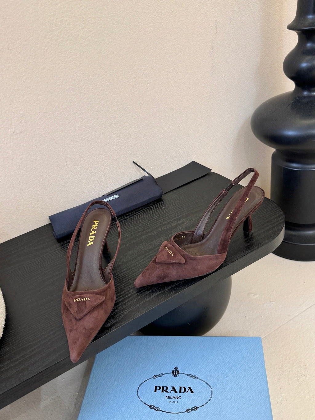 PRADA 26S POINTED TOE SLINGBACK HEELS 60MM IN DARK BROWN SUDE WITH LOGO