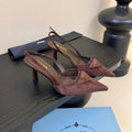 PRADA 26S POINTED TOE SLINGBACK HEELS 60MM IN DARK BROWN SUDE WITH LOGO